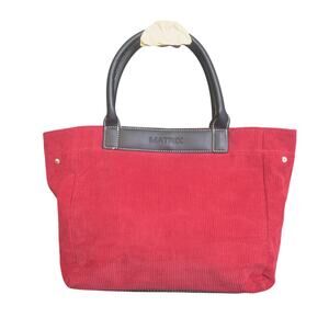 Red Corduroy Tote Bag Faux Leather Trim Snap Side Shopper Fall Statement